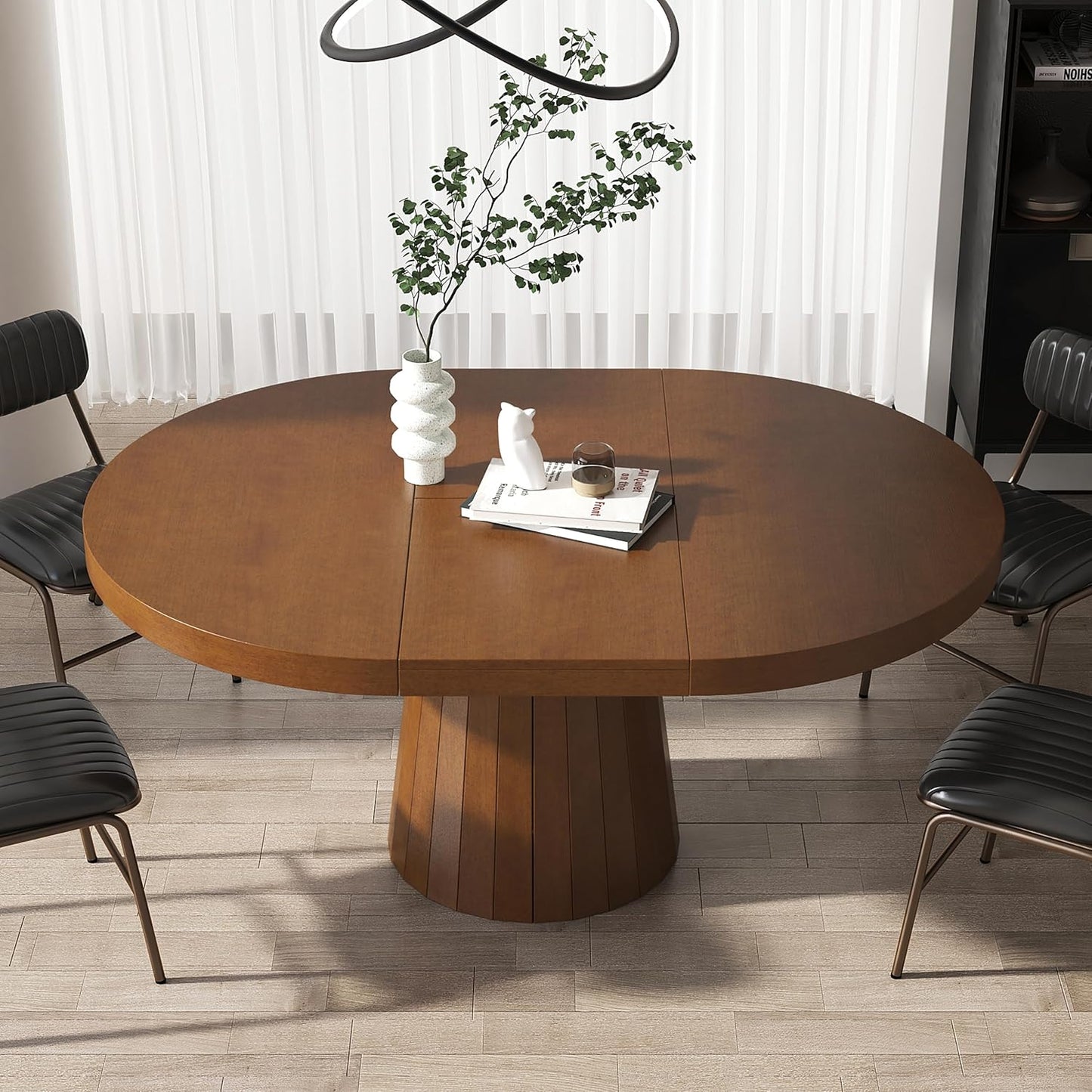 homary Round Extendable Dining Table with Pedestal Base, 39"-55" Expandable Dining Room Table Oval Kitchen Dinette Table for 4-6 (Gray & Walnut)